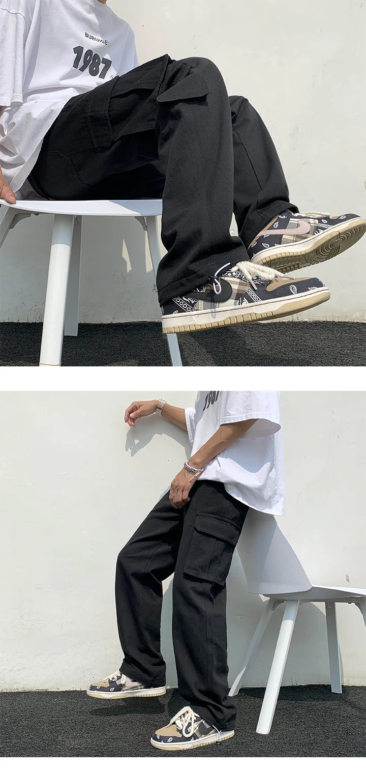 Black/white Cargo Pants Men Fashion Loose Straight Wide Leg Pants Men Streetwear Hip-hop Pocket Casual Pants Mens Trousers