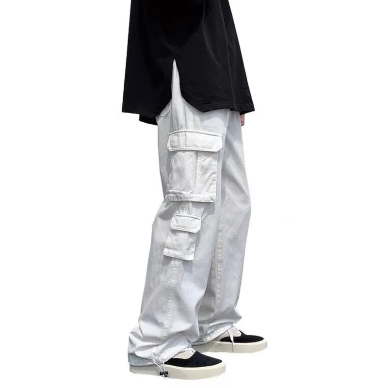 Black/white Cargo Pants Men Fashion Loose Straight Wide Leg Pants Men Streetwear Hip-hop Pocket Casual Pants Mens Trousers