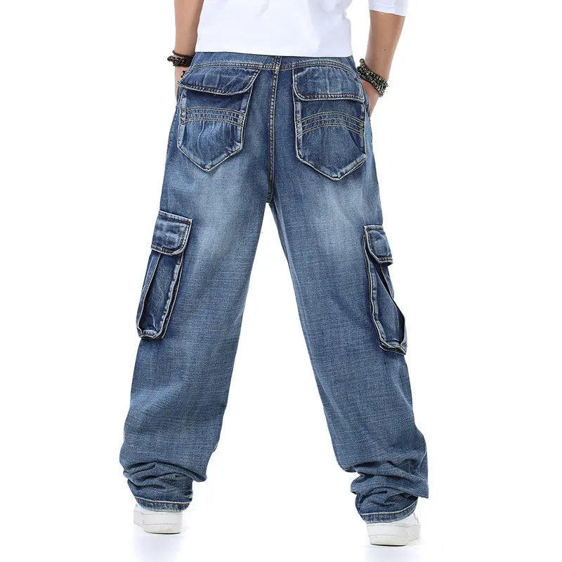 Large Size 46 Loose Jeans Men Denim Pants Straight Pocket Baggy Casual Streetwear Hip Hop Brand Blue Wide Leg Cargo Trousers