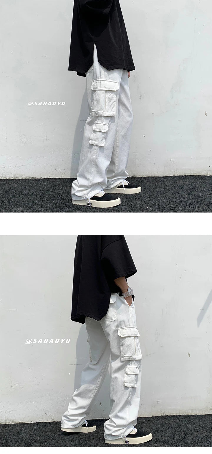 Black/white Cargo Pants Men Fashion Loose Straight Wide Leg Pants Men Streetwear Hip-hop Pocket Casual Pants Mens Trousers