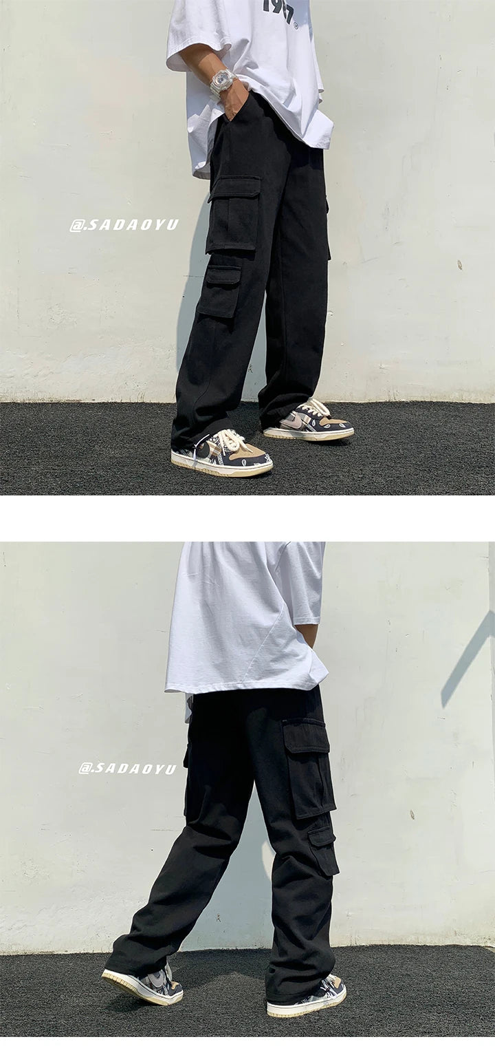 Black/white Cargo Pants Men Fashion Loose Straight Wide Leg Pants Men Streetwear Hip-hop Pocket Casual Pants Mens Trousers