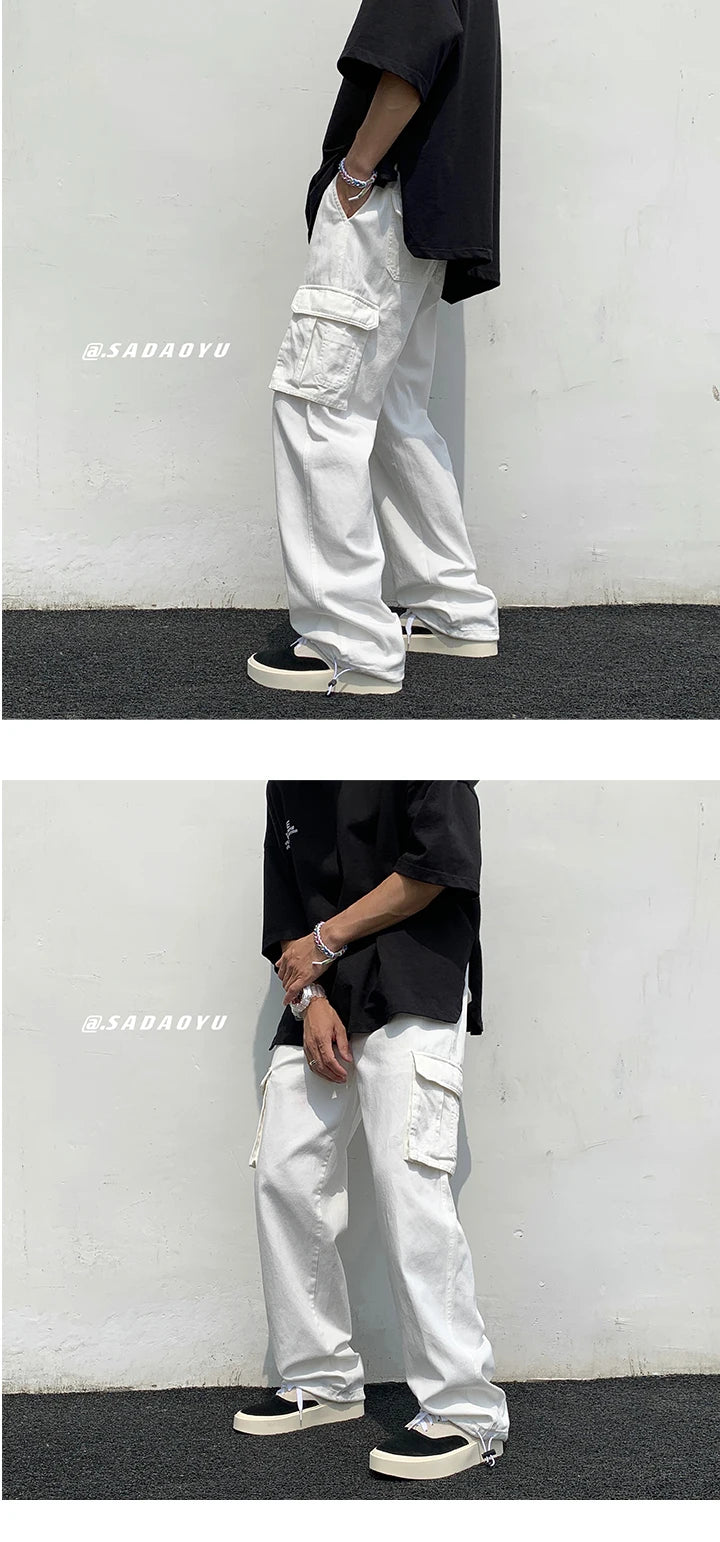 Black/white Cargo Pants Men Fashion Loose Straight Wide Leg Pants Men Streetwear Hip-hop Pocket Casual Pants Mens Trousers