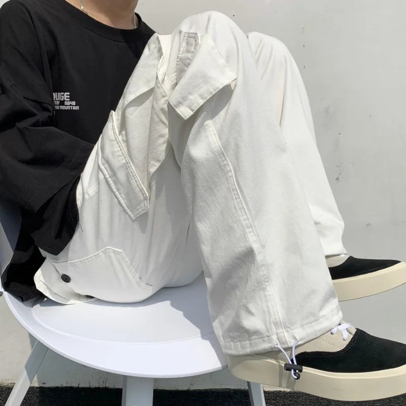 Black/white Cargo Pants Men Fashion Loose Straight Wide Leg Pants Men Streetwear Hip-hop Pocket Casual Pants Mens Trousers