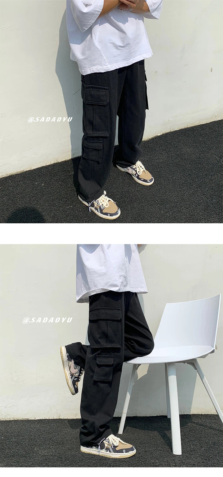 Black/white Cargo Pants Men Fashion Loose Straight Wide Leg Pants Men Streetwear Hip-hop Pocket Casual Pants Mens Trousers