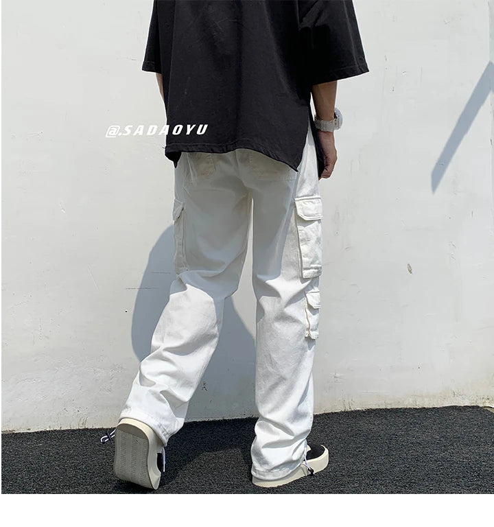 Black/white Cargo Pants Men Fashion Loose Straight Wide Leg Pants Men Streetwear Hip-hop Pocket Casual Pants Mens Trousers