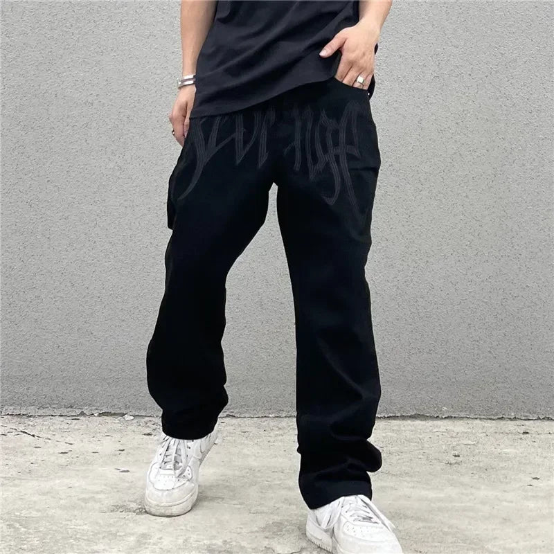 Baggy Jeans Men's New 2024 Black Streetwear Y2k Clothes Denim Trousers American Retro Embroidery Letter Pants Straight Hip-hop