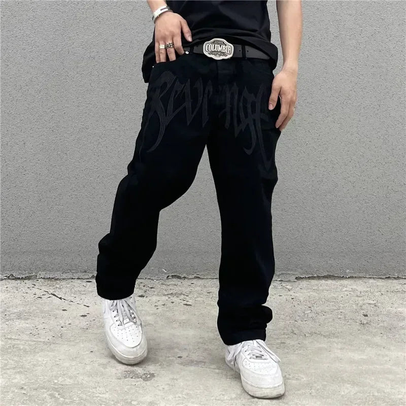 Baggy Jeans Men's New 2024 Black Streetwear Y2k Clothes Denim Trousers American Retro Embroidery Letter Pants Straight Hip-hop