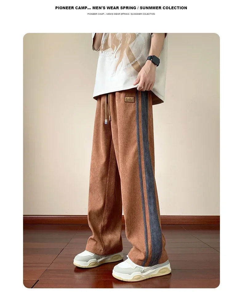 Autumn Men Pants Streetwear Side Stripe Trousers Men's Loose Straight Slit Wide Leg Pants Large Size High Street Sweatpants