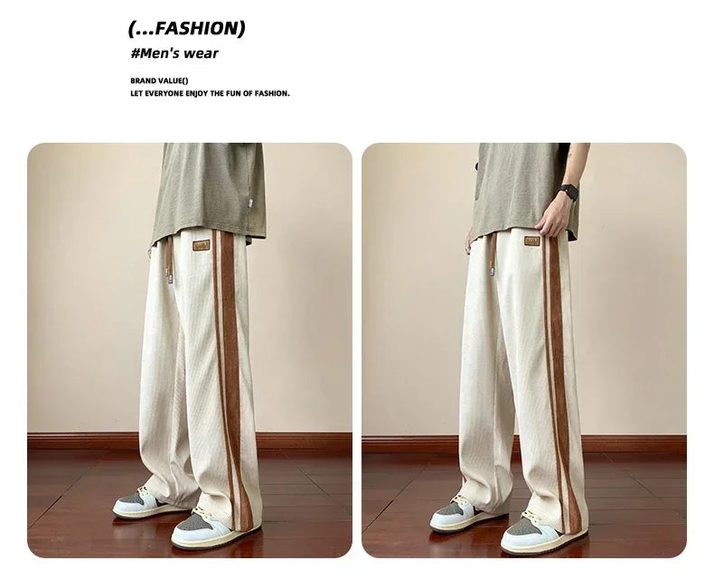 Autumn Men Pants Streetwear Side Stripe Trousers Men's Loose Straight Slit Wide Leg Pants Large Size High Street Sweatpants