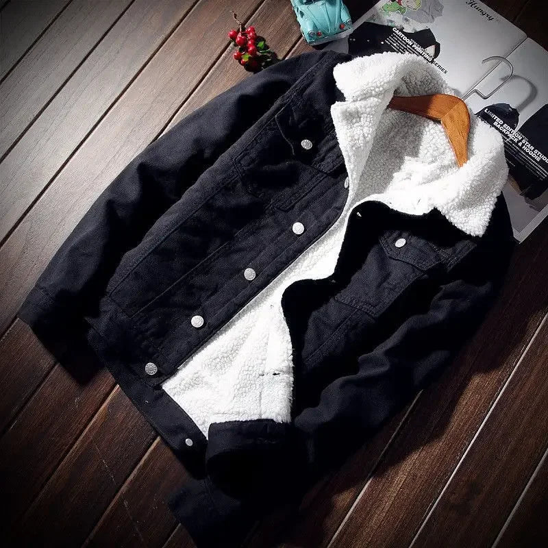 New Winter Men's Lamb Wool Cotton Coat Fleece-lined Denim Jacket Trendy Loose Fit Couple Cotton-padded Thickened Jacket Top