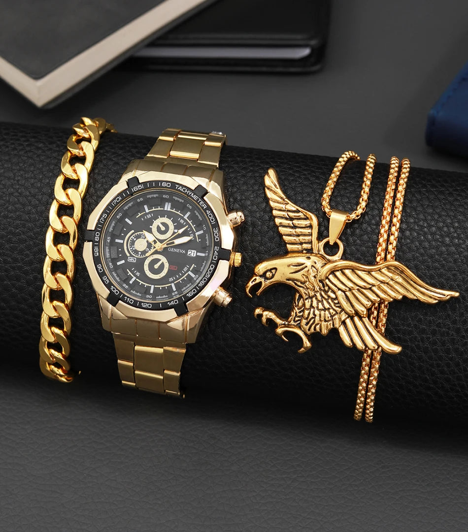 3PCS Set Luxury Fashion Mens Watches Men Business Quartz Watch Male Casual Necklace Bracelet Wristwatch