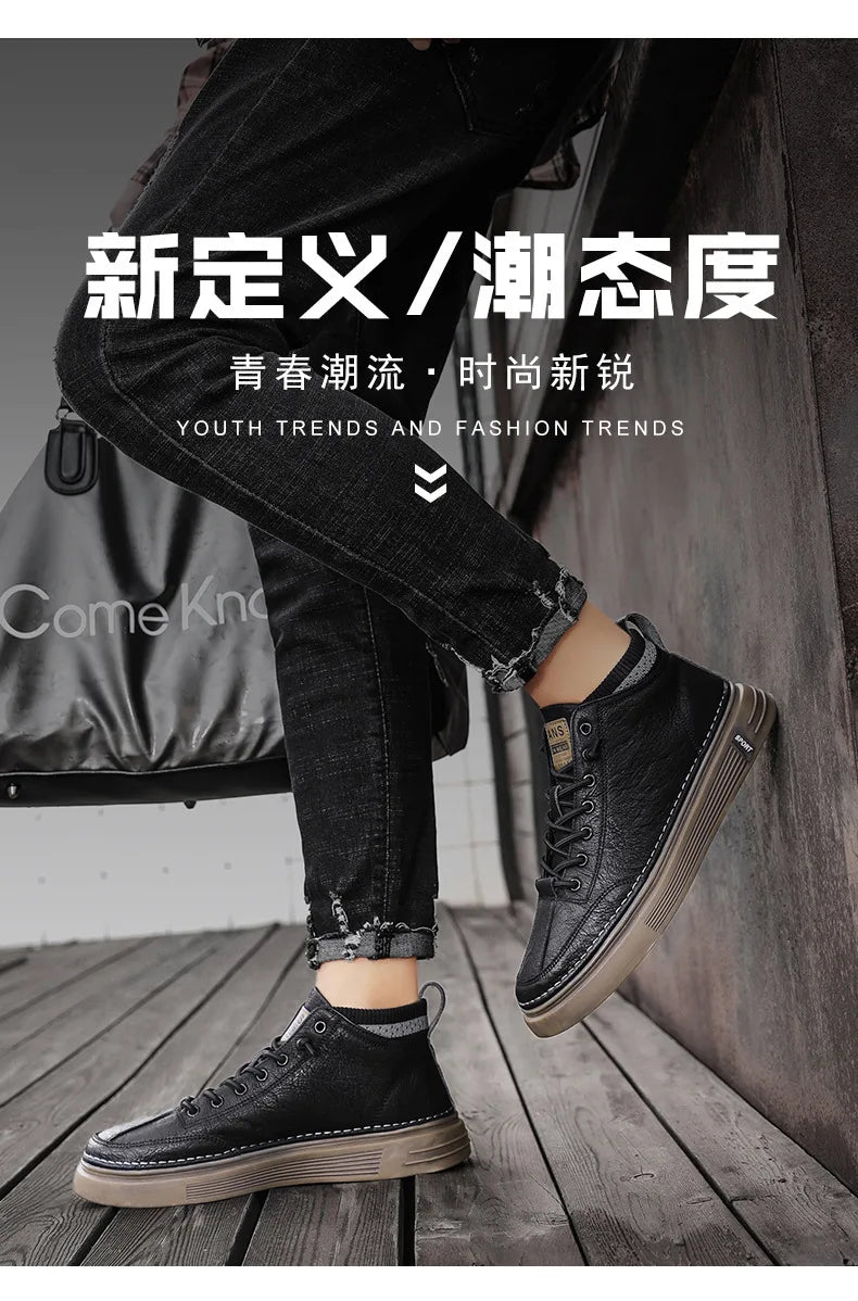 Men's Casual Leather Shoes 2023 New Shoes for Men High-top Black Casual Male Sneakers Platform Ankle Boots Tênis Masculino