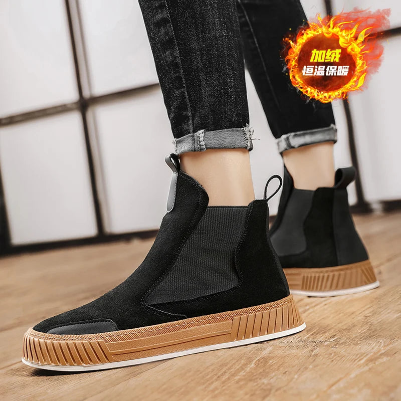 Autumn Winter Warm Plush Casual High top Men Shoes Designer Chelsea Suede Shoes Men Fashion Punk Style Platform Male Boots Snow