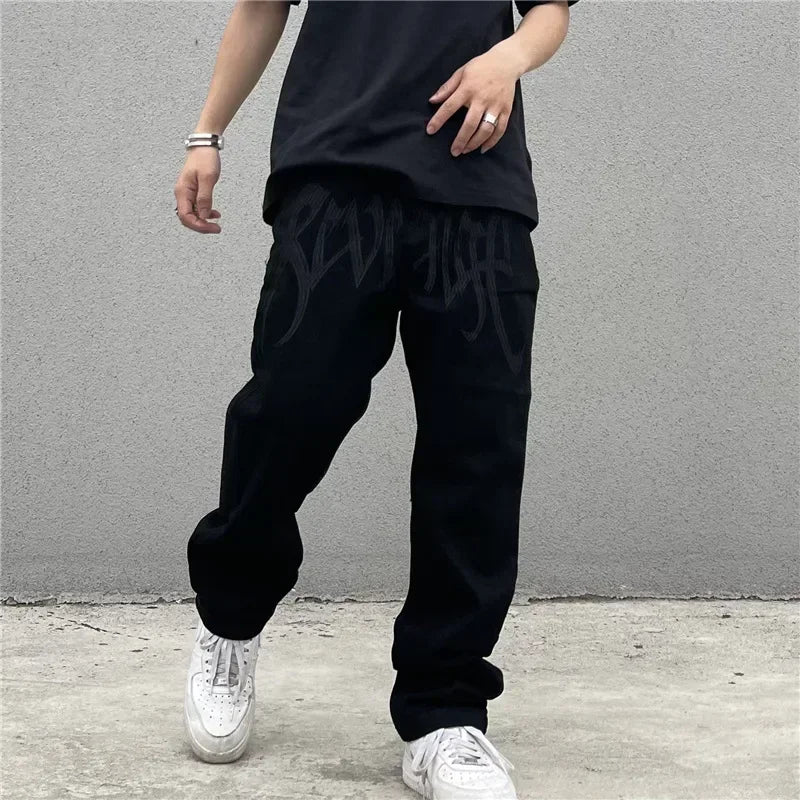 Baggy Jeans Men's New 2024 Black Streetwear Y2k Clothes Denim Trousers American Retro Embroidery Letter Pants Straight Hip-hop