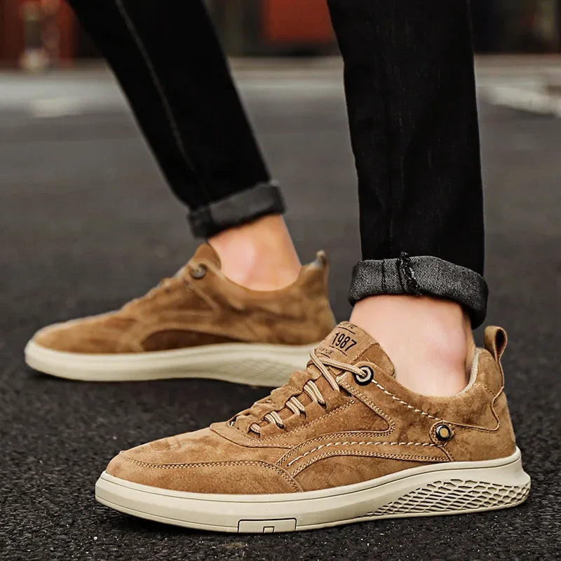 Brown Men Casual Shoes Handmade Man Shoes Suede Korean Style Skateboard Shoe High Quality Mens Sneakers Shallow Lace Up Shoes