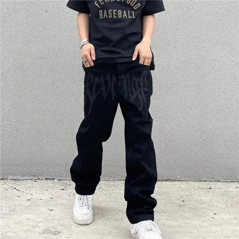 Baggy Jeans Men's New 2024 Black Streetwear Y2k Clothes Denim Trousers American Retro Embroidery Letter Pants Straight Hip-hop