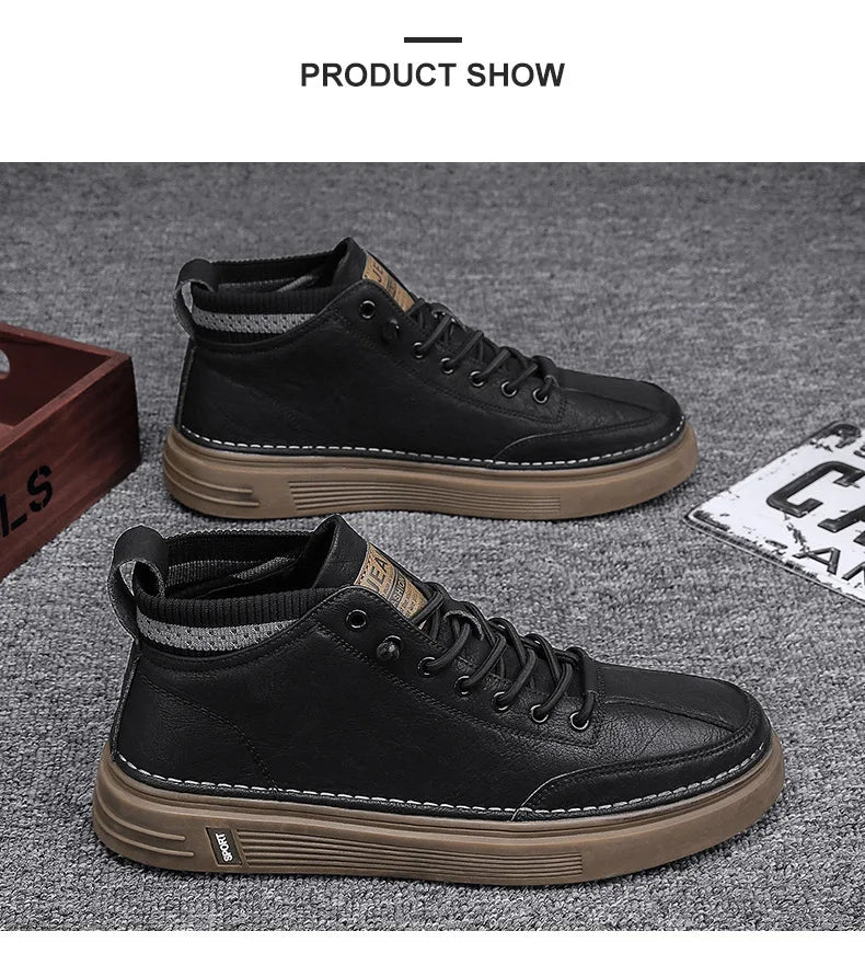 Men's Casual Leather Shoes 2023 New Shoes for Men High-top Black Casual Male Sneakers Platform Ankle Boots Tênis Masculino