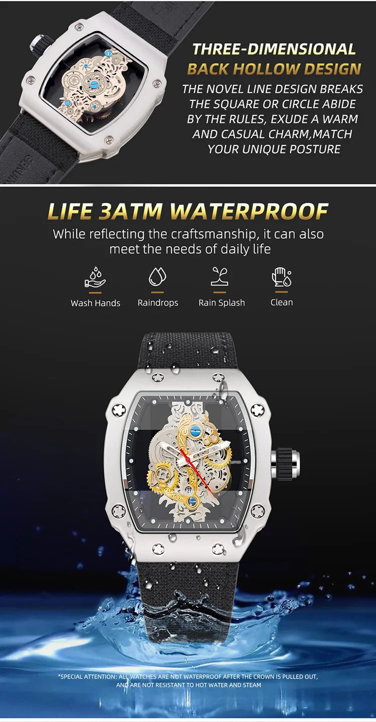 UTHAI L57 Men's Hollow out Waterproof Brand Original Light Luxury Wine Bucket Style Male's Clock Sports Fashion Quartz Watches