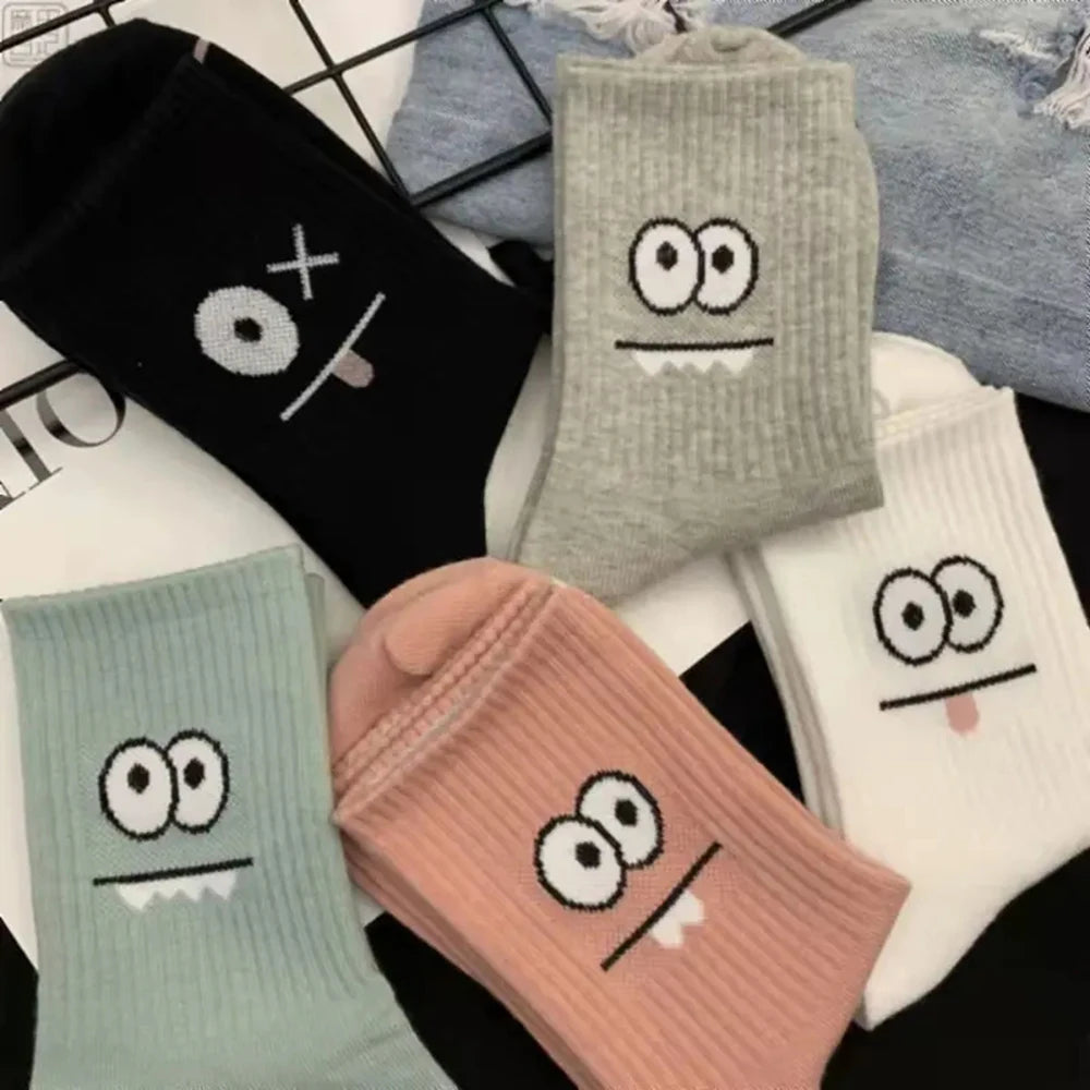 5 Palirs men Cute Expression Printed Ankle Socks Comfort Ihteresting Spring Autumn Medium tube Sock Kawal Girls' short socks