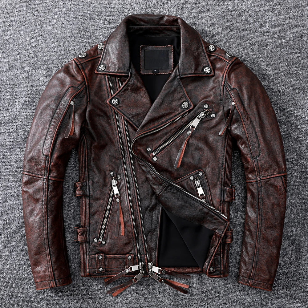 Black Motorcycle Leather Jacket Men Natural Genuine Cowhide Slim Fit Vintage Brown Mens Biker Racer Jackets Oblique Zipper S~9XL