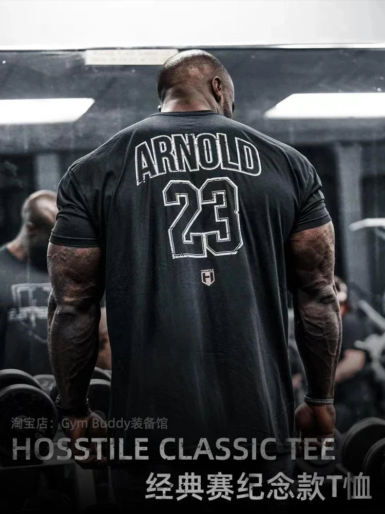 HOSSTILE Short Sleeved Fitness American Loose Muscle Tough Guy Top Breathable Sports Arnold Classic T-shirt