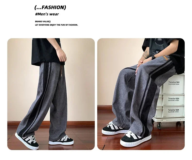 Autumn Men Pants Streetwear Side Stripe Trousers Men's Loose Straight Slit Wide Leg Pants Large Size High Street Sweatpants