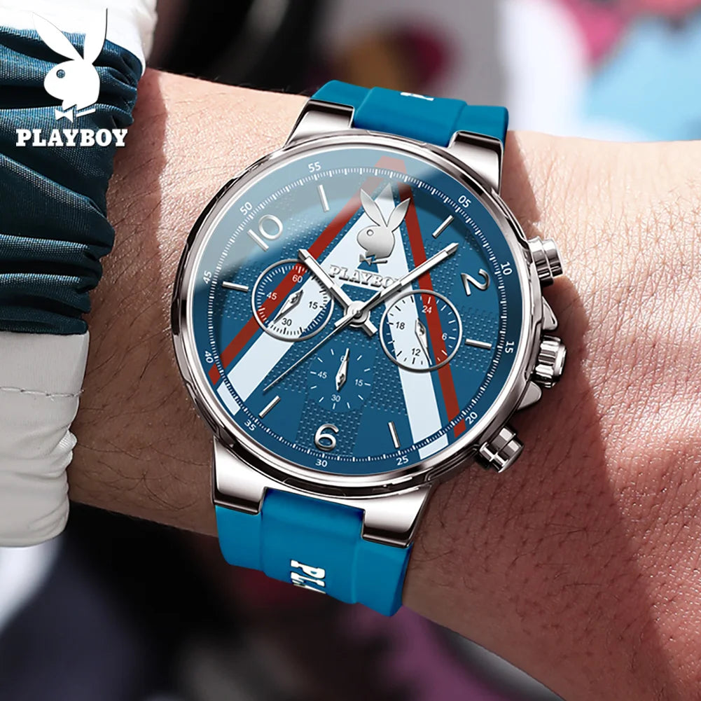 PLAYBOY Sports Chronograph Quartz Watch for Men Fashion Silicone Strap Man Wristwatch Waterproof Luxury Top Brand Men's Watches