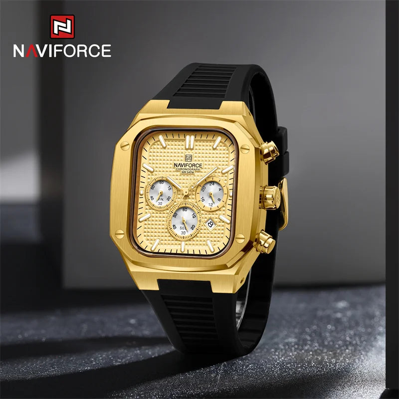 NAVIFORCE Top Luxury Gold Watches for Men Fashion Silicone Strap Quartz Square Wristwatch Waterproof Luminous hands Date Clock