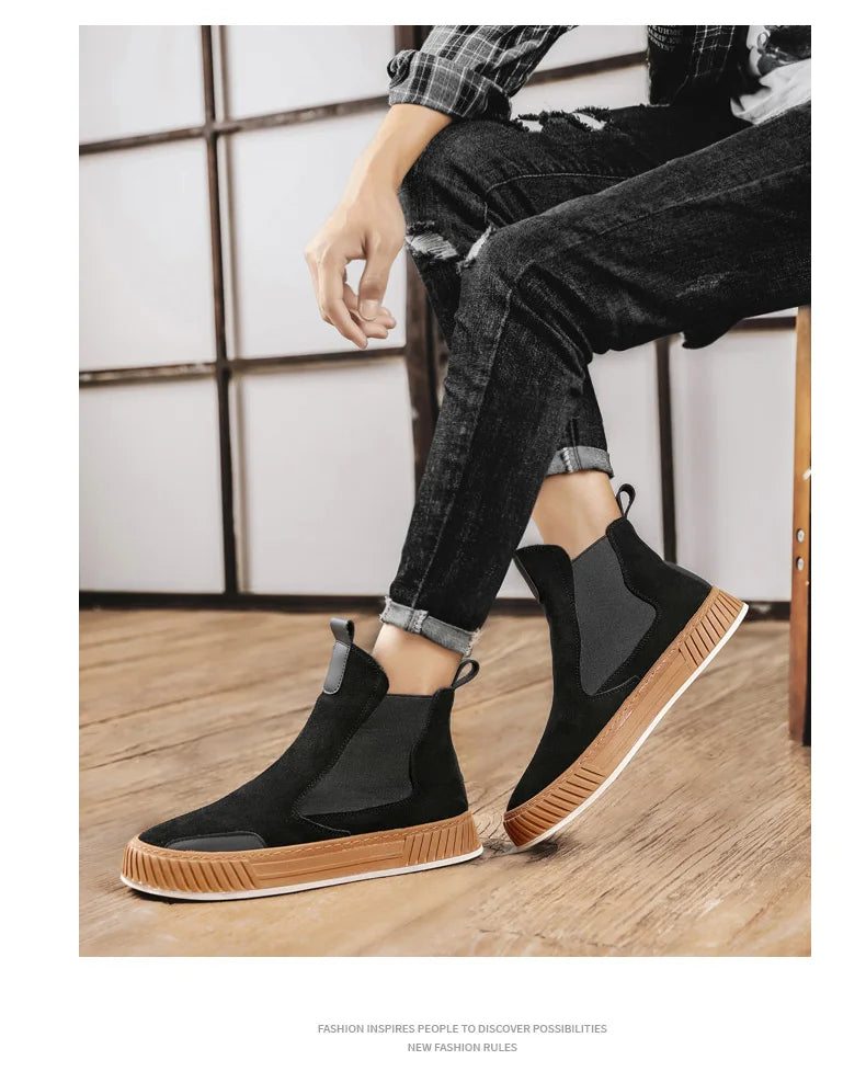 Autumn Winter Warm Plush Casual High top Men Shoes Designer Chelsea Suede Shoes Men Fashion Punk Style Platform Male Boots Snow