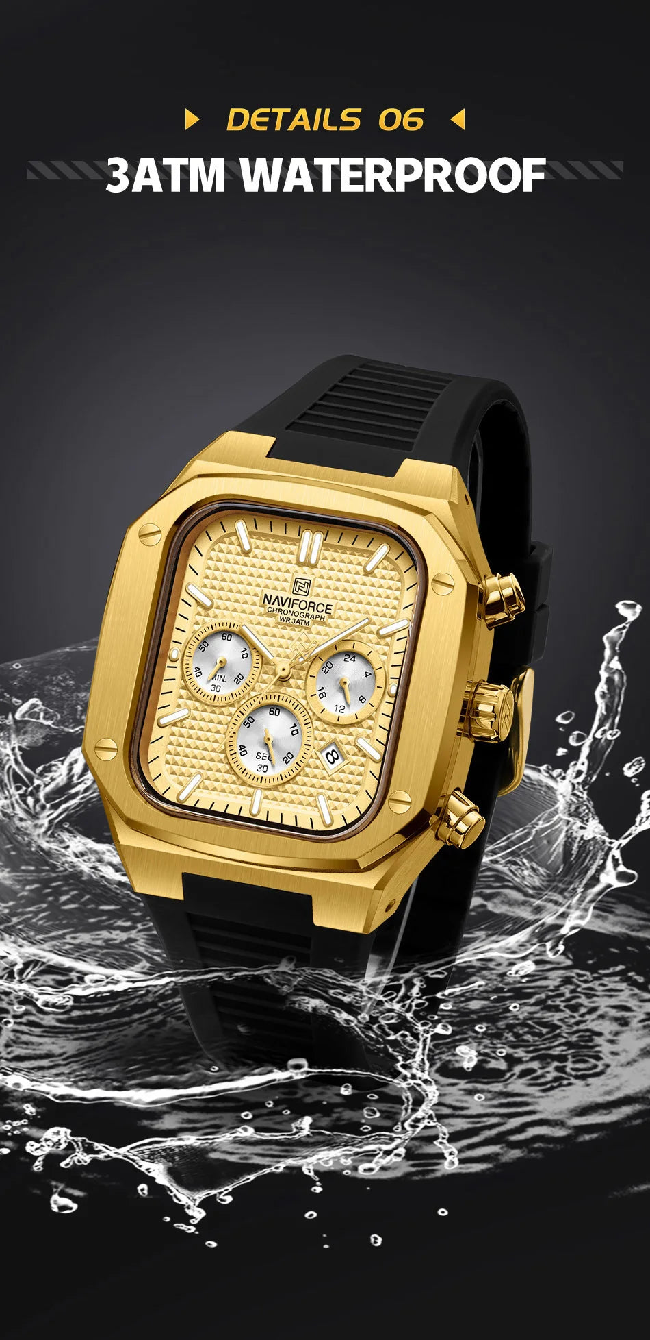 NAVIFORCE Top Luxury Gold Watches for Men Fashion Silicone Strap Quartz Square Wristwatch Waterproof Luminous hands Date Clock