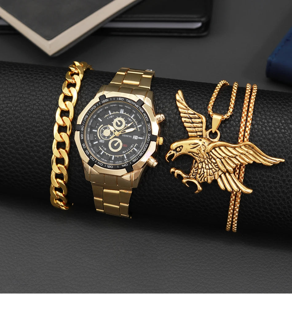 3PCS Set Luxury Fashion Mens Watches Men Business Quartz Watch Male Casual Necklace Bracelet Wristwatch