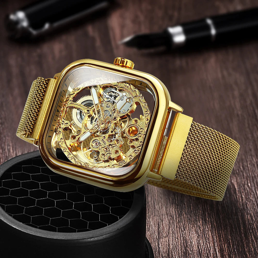 Forsining Square Skeleton Automatic Watch for Men Luminous Hands Engraved Movement Luxury Mechanical Watches Mesh Steel  Strap