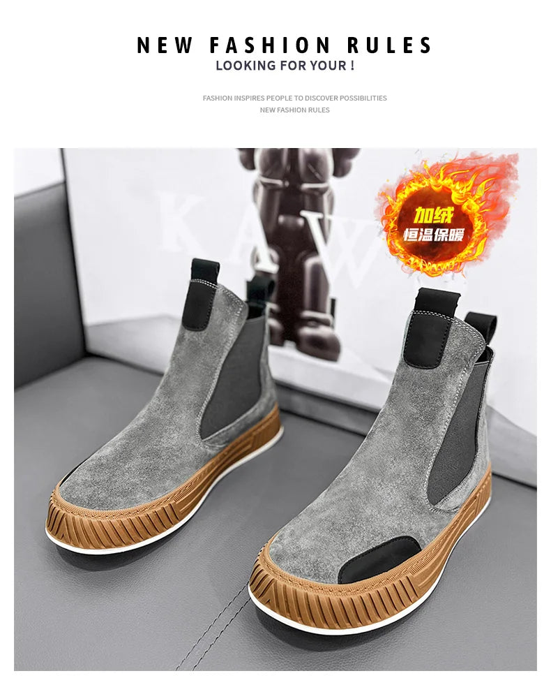 Autumn Winter Warm Plush Casual High top Men Shoes Designer Chelsea Suede Shoes Men Fashion Punk Style Platform Male Boots Snow