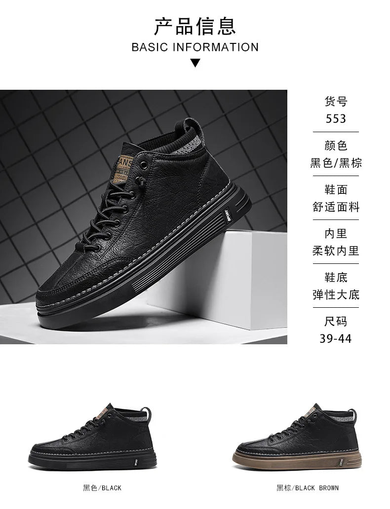 Men's Casual Leather Shoes 2023 New Shoes for Men High-top Black Casual Male Sneakers Platform Ankle Boots Tênis Masculino