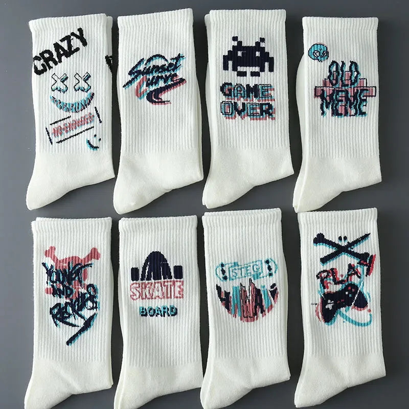 New Fashion Men Socks Cotton Women Ins Style Funny Game Style White Cartoon Socks for Men and Women