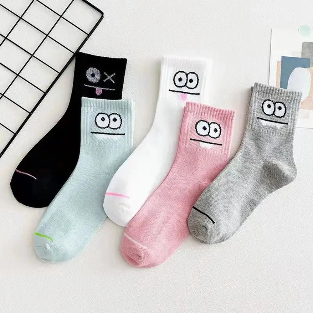 5 Palirs men Cute Expression Printed Ankle Socks Comfort Ihteresting Spring Autumn Medium tube Sock Kawal Girls' short socks