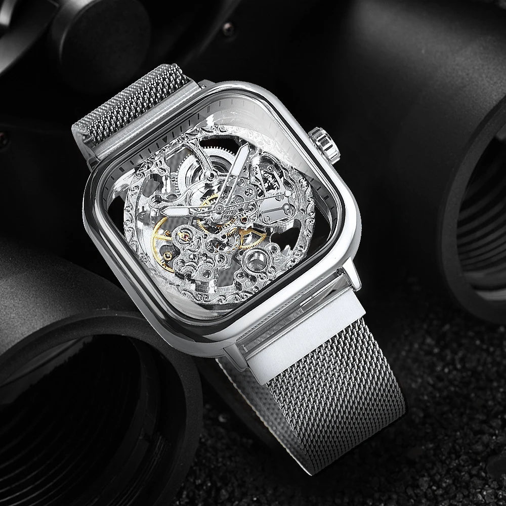 Forsining Square Skeleton Automatic Watch for Men Luminous Hands Engraved Movement Luxury Mechanical Watches Mesh Steel  Strap