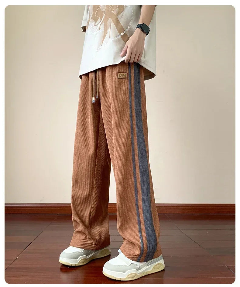 Autumn Men Pants Streetwear Side Stripe Trousers Men's Loose Straight Slit Wide Leg Pants Large Size High Street Sweatpants