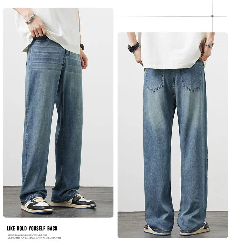 Summer Thin Men's Lyocell Loose Straight Jeans Soft Drape Ice Silk Casual Wide Leg Denim Trousers Fashion Korean Streetwear