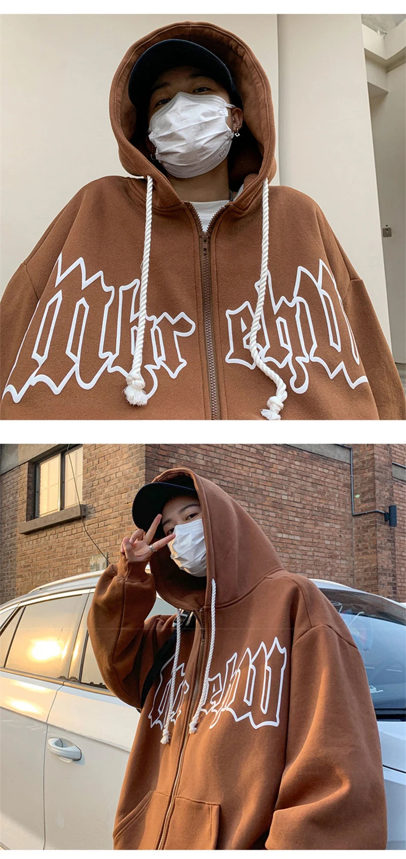 Autumn Men's Letter Foam Print Zip up Hoodies Y2K Goth Streetwear Loose Sweatshirts Female Hip Hop Oversized Hoodie Tracksuit