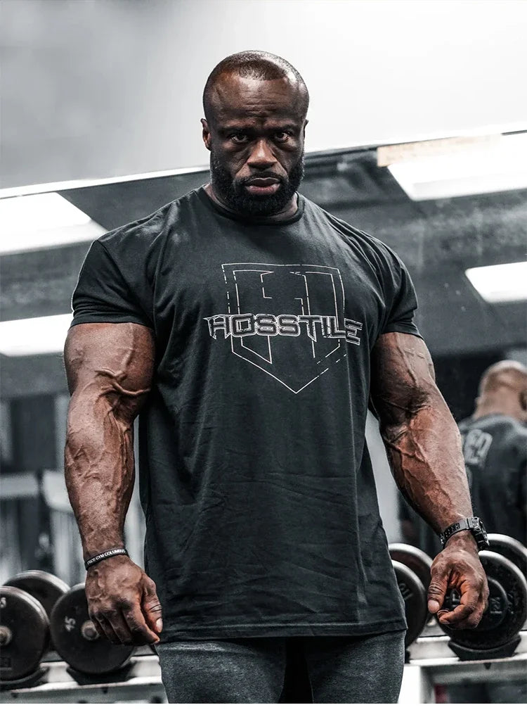 HOSSTILE Short Sleeved Fitness American Loose Muscle Tough Guy Top Breathable Sports Arnold Classic T-shirt