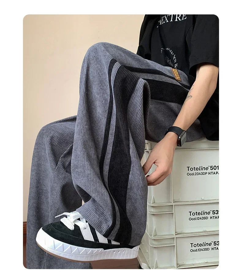 Autumn Men Pants Streetwear Side Stripe Trousers Men's Loose Straight Slit Wide Leg Pants Large Size High Street Sweatpants