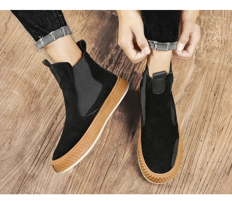 Autumn Winter Warm Plush Casual High top Men Shoes Designer Chelsea Suede Shoes Men Fashion Punk Style Platform Male Boots Snow