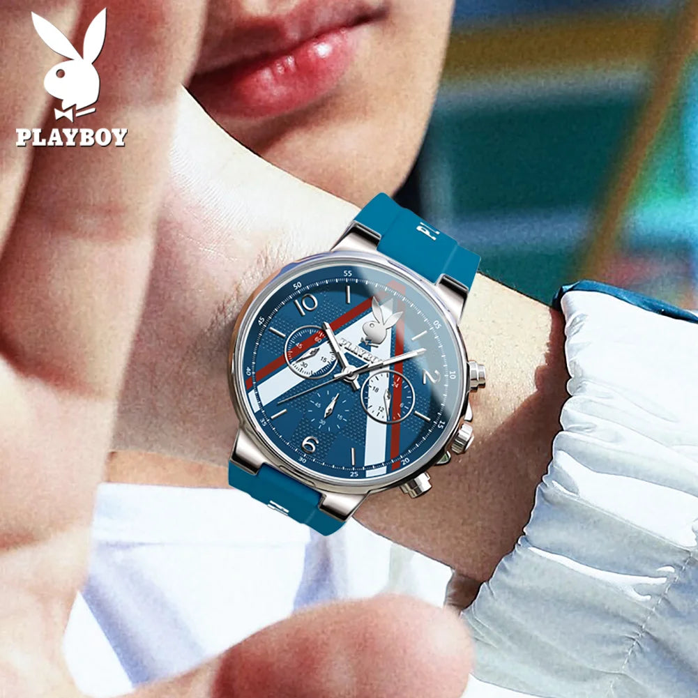 PLAYBOY Sports Chronograph Quartz Watch for Men Fashion Silicone Strap Man Wristwatch Waterproof Luxury Top Brand Men's Watches