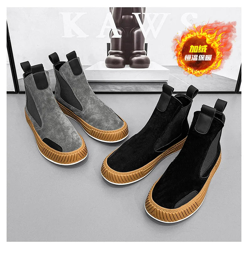 Autumn Winter Warm Plush Casual High top Men Shoes Designer Chelsea Suede Shoes Men Fashion Punk Style Platform Male Boots Snow