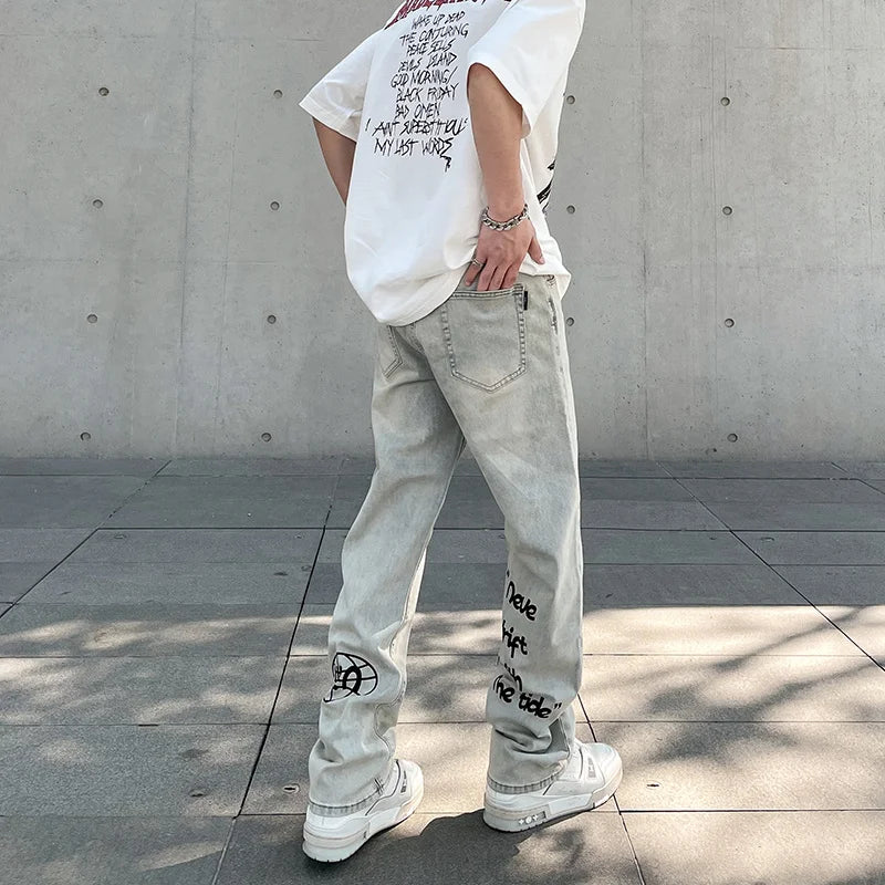 American Gothic Letter Men's Baggy Jeans Y2K Retro Harajuku Straight Denim Trousers Hip Hop Fashion Printed Jean Man Pants