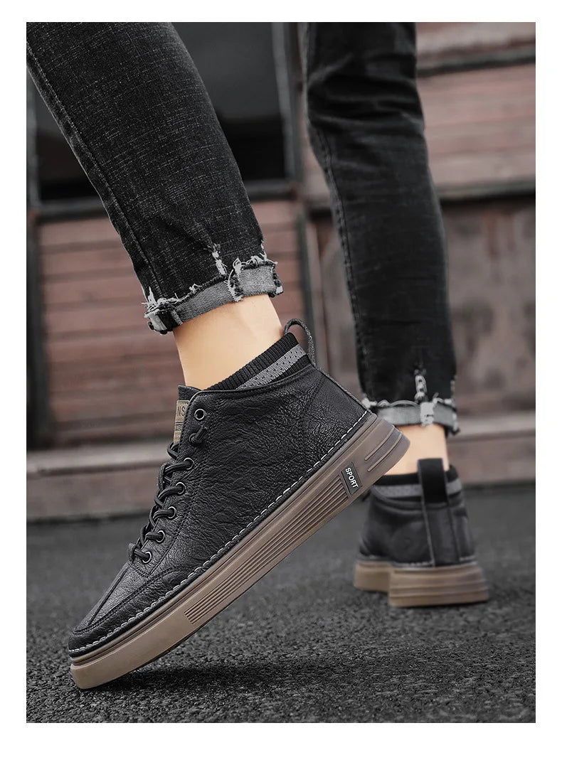 Men's Casual Leather Shoes 2023 New Shoes for Men High-top Black Casual Male Sneakers Platform Ankle Boots Tênis Masculino