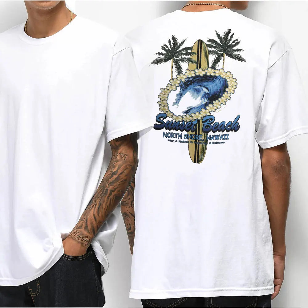 Hawaiian Style Men's Casual T-shirt Island Hanging Pine Shaka Surfboard Men's and Women's White Cotton Tee Retro Beach Surf Tops