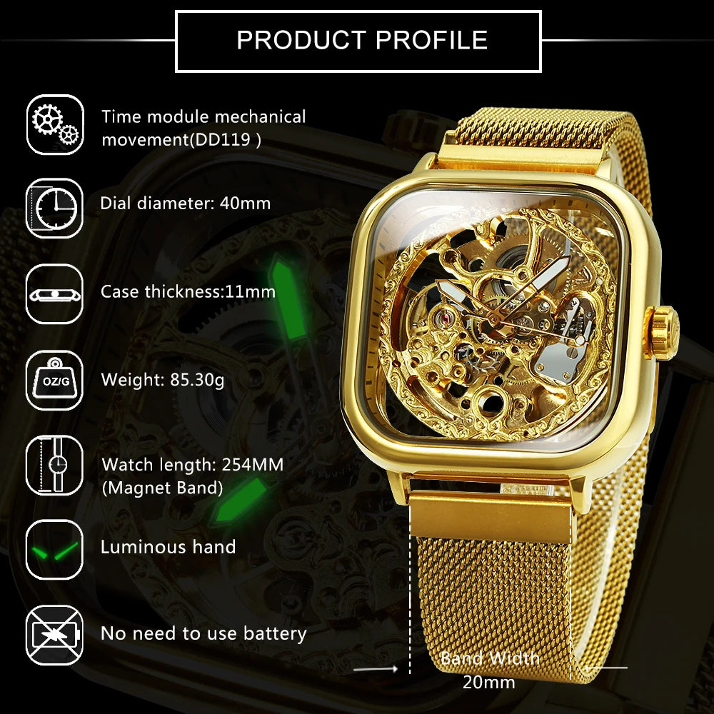 Forsining Square Skeleton Automatic Watch for Men Luminous Hands Engraved Movement Luxury Mechanical Watches Mesh Steel  Strap