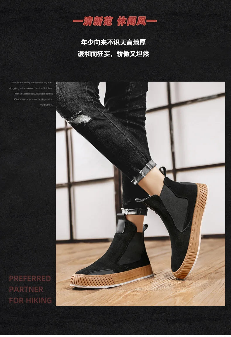 Autumn Winter Warm Plush Casual High top Men Shoes Designer Chelsea Suede Shoes Men Fashion Punk Style Platform Male Boots Snow